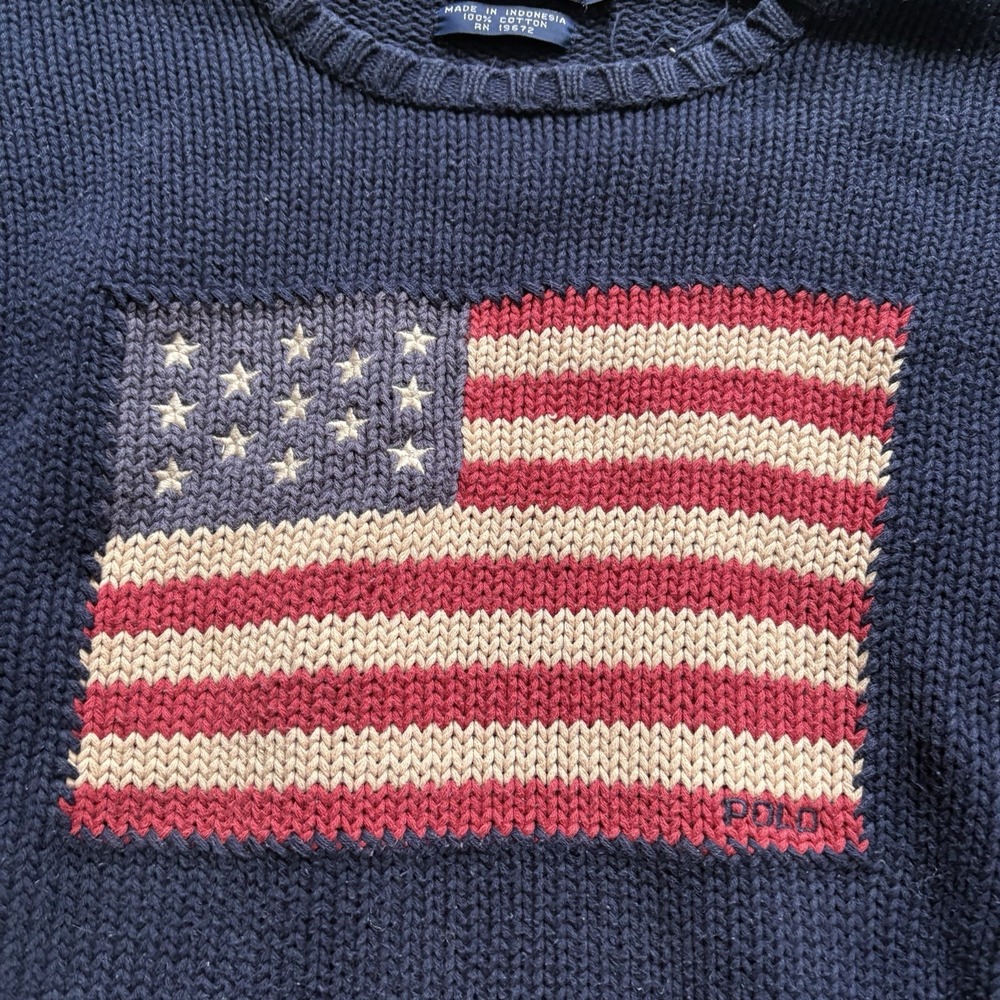 Vintage Polo Ralph Lauren Sweater Womens XL Blue American Flag USA Knit 90s - Picture 2 of 7